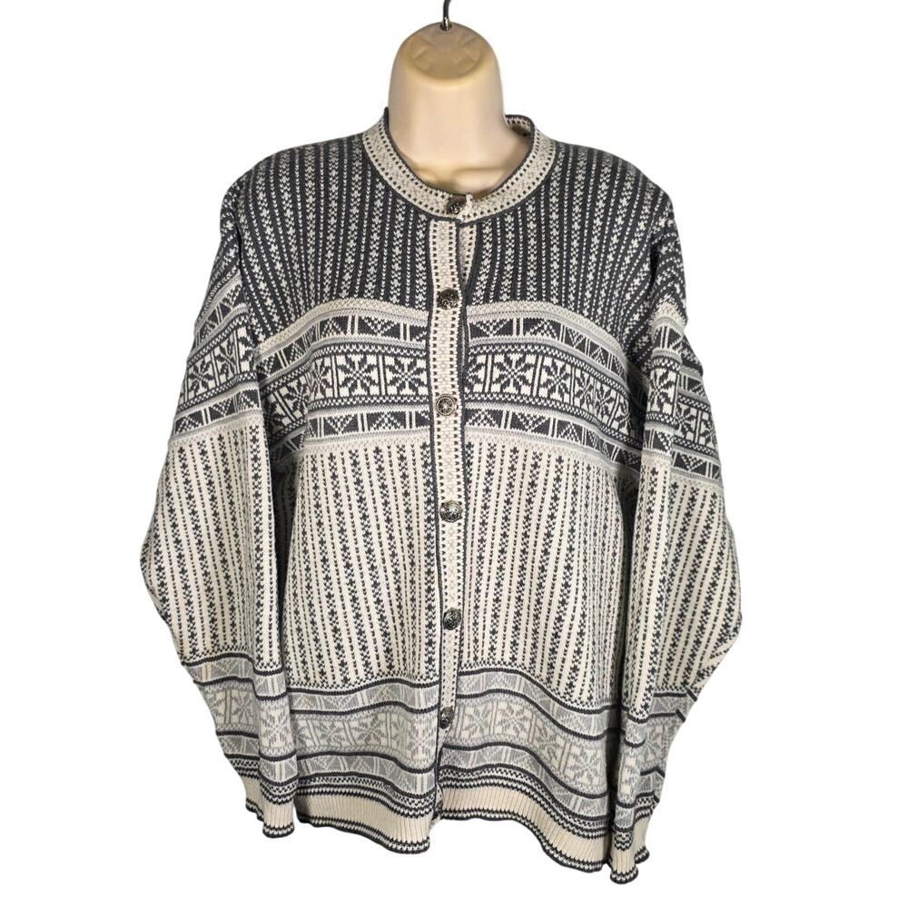 Croft & Barrow Fair Isle Cotton Cardigan Sweater Gray White Vintage